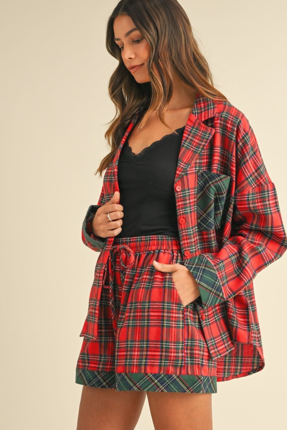 Blue Zone Planet | Annie Wear Contrast Plaid Long Sleeve Top and Shorts Set-TOPS / DRESSES-[Adult]-[Female]-2022 Online Blue Zone Planet