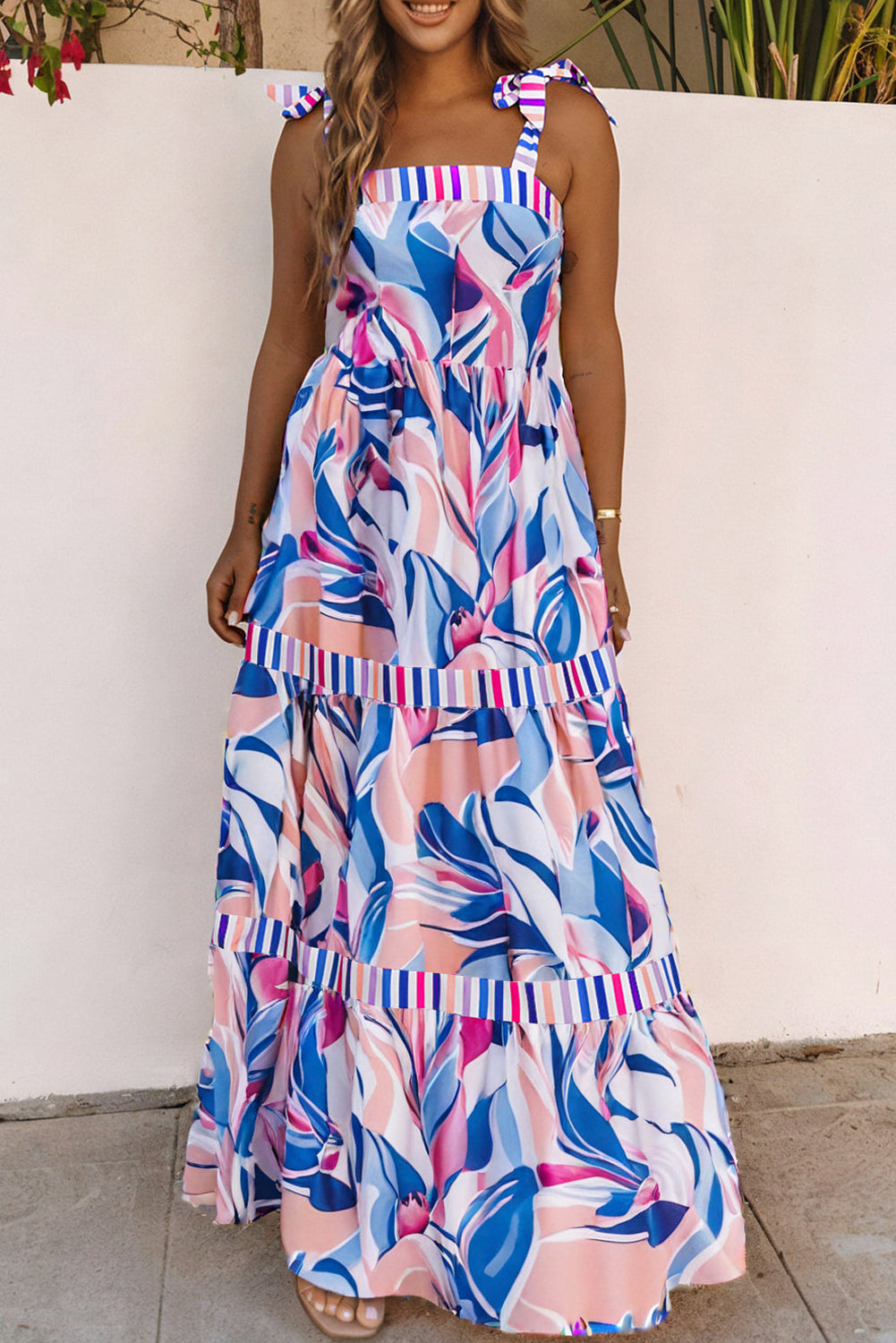 Multicolor Abstract Print Striped Detail Knot Strap Maxi Dress-TOPS / DRESSES-[Adult]-[Female]-Sky Blue-S-2022 Online Blue Zone Planet