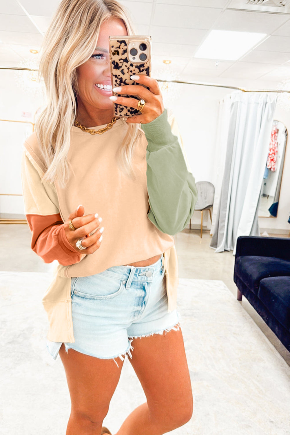Beige Color Block Patchwork Split Hem Casual Sweatshirt-Tops/Sweatshirts & Hoodies-[Adult]-[Female]-2022 Online Blue Zone Planet