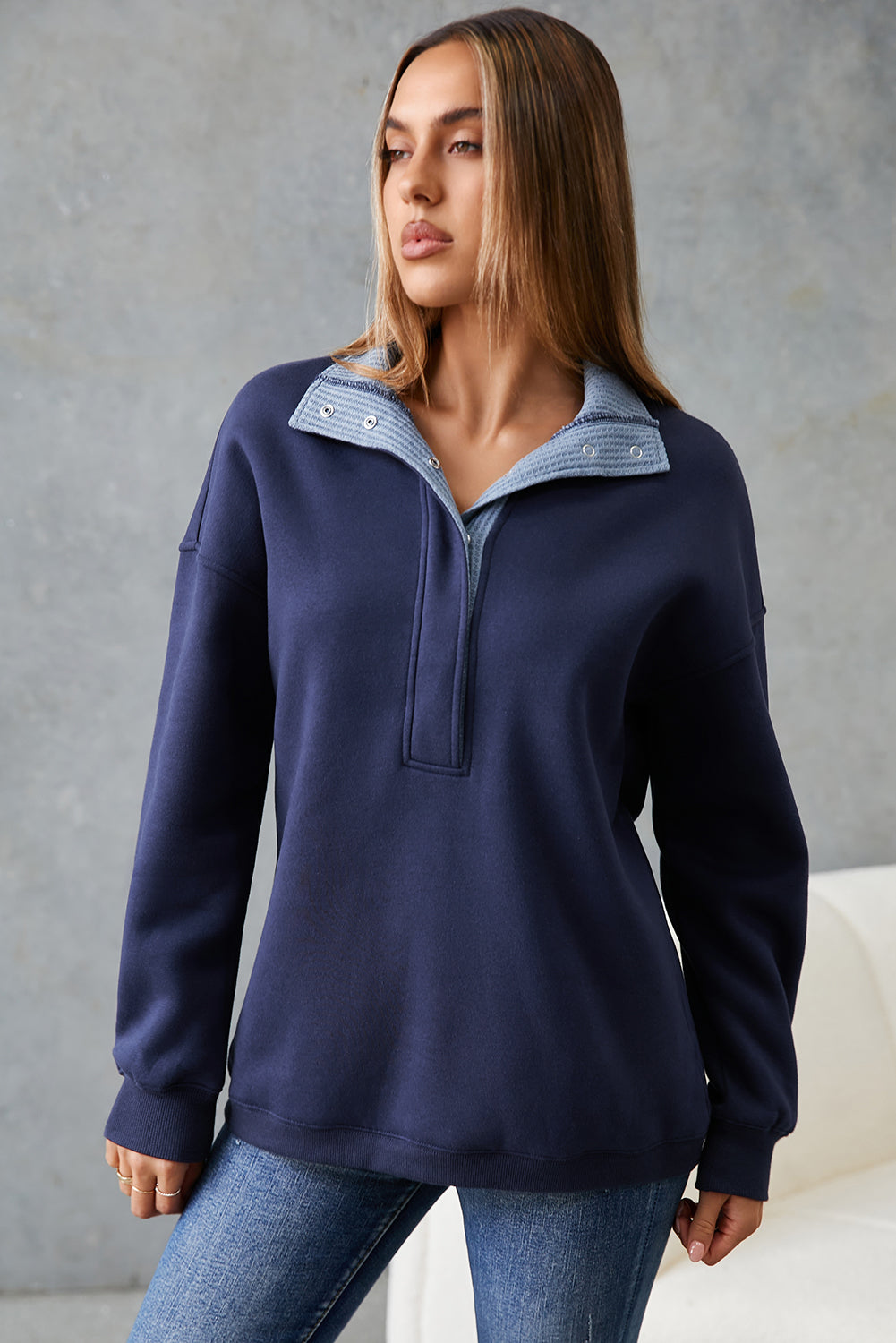 Dirty blue Drop Shoulder Metal Button Casual Pullover Sweatshirt-Tops/Sweatshirts & Hoodies-[Adult]-[Female]-2022 Online Blue Zone Planet