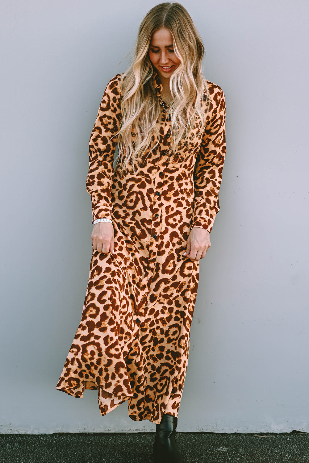 Blue Zone Planet | Leopard Button-Up Long Sleeve Maxi Dress-TOPS / DRESSES-[Adult]-[Female]-2022 Online Blue Zone Planet