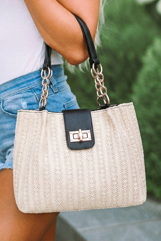 Black PU Leather Chain Handle Woven Textured Knit Tote Bag-Shoes & Bags/Shoulder Bags-[Adult]-[Female]-Black-ONE SIZE-2022 Online Blue Zone Planet