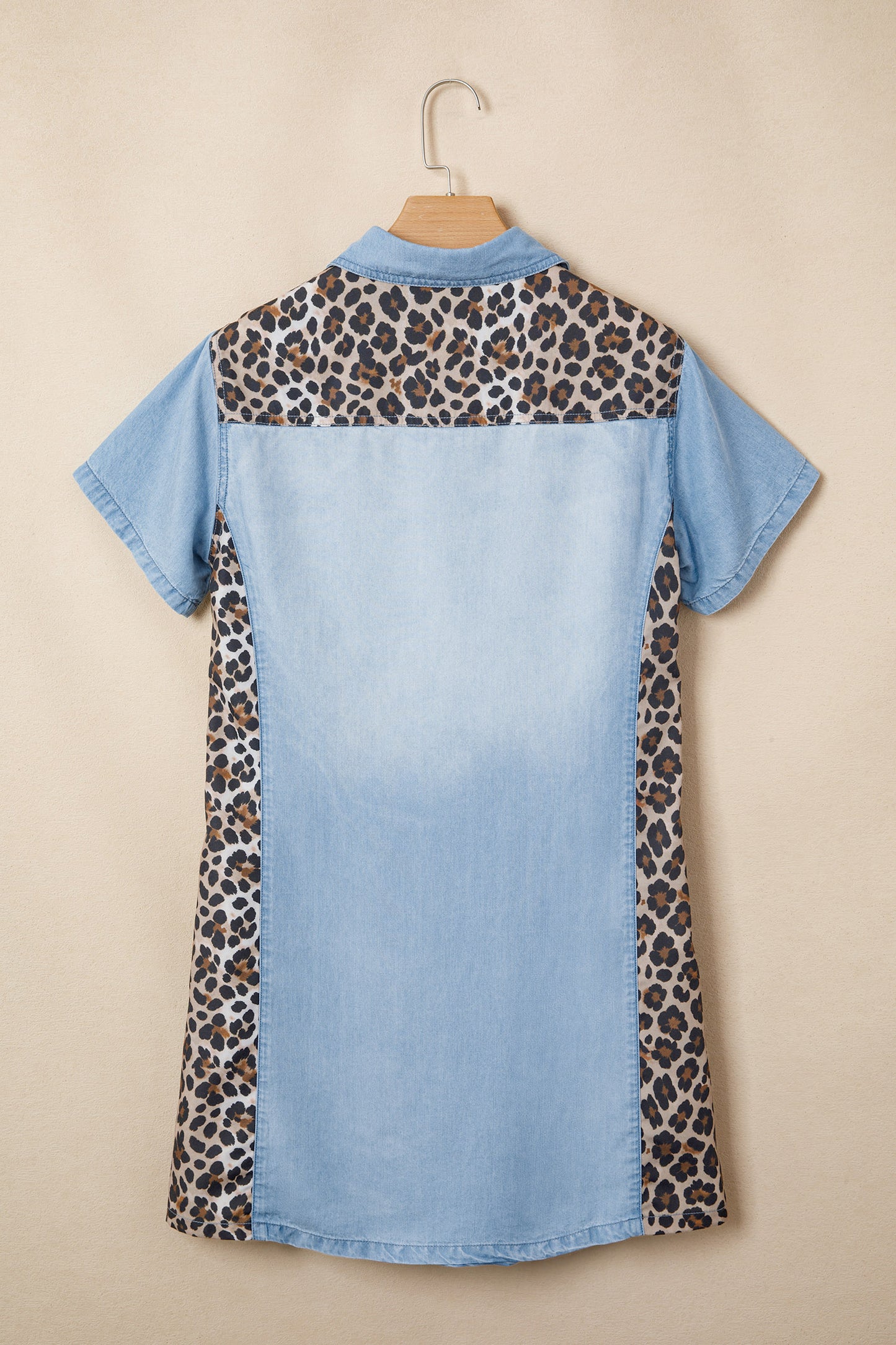 Myosotis Denim Color Block Leopard Patchwork Shirt Collar T Shirt Mini Dress-Dresses/T Shirt Dresses-[Adult]-[Female]-2022 Online Blue Zone Planet