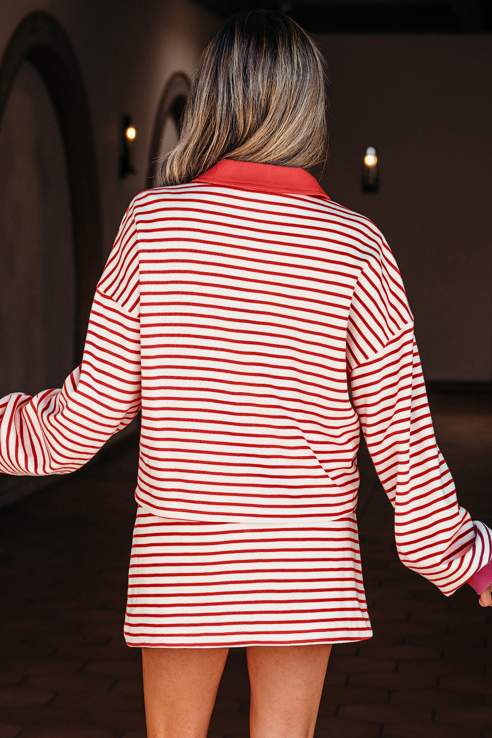 Red Stripe Collared V Neck Drop Shoulder Pullover and Skort 2pcs Outfit-Two Piece Sets/Two Piece Dresses-[Adult]-[Female]-2022 Online Blue Zone Planet