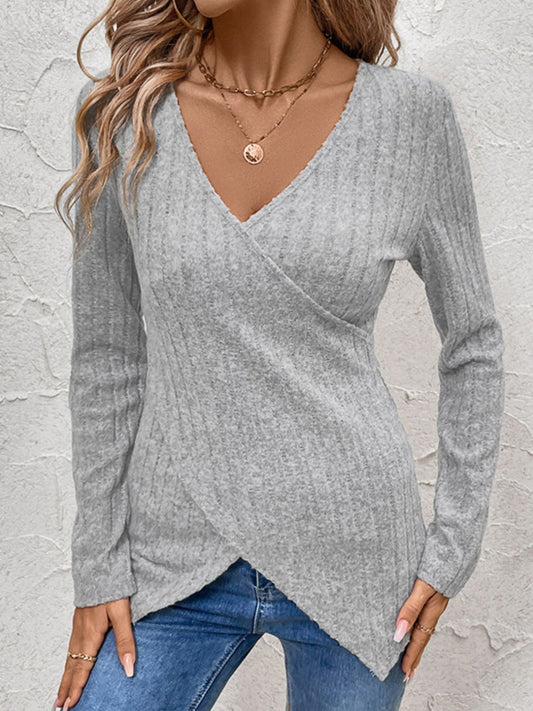 Perfee Surplice Long Sleeve T-Shirt-TOPS / DRESSES-[Adult]-[Female]-Light Gray-S-2022 Online Blue Zone Planet