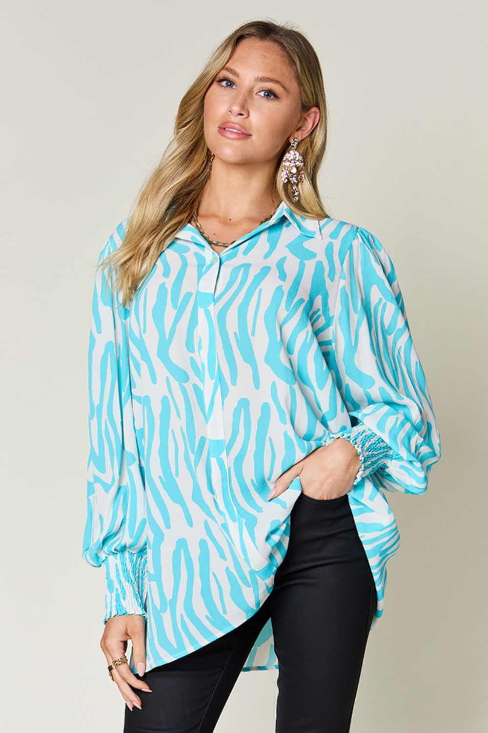 Blue Zone Planet | Double Take Full Size Printed Smocked Long Sleeve Blouse-TOPS / DRESSES-[Adult]-[Female]-Tiffany Blue-S-2022 Online Blue Zone Planet