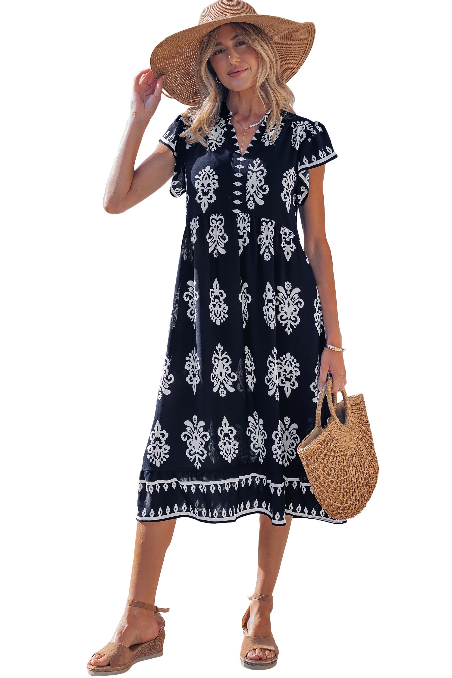 Blue Western Ethnic Print Notched Neck Short Sleeve Midi Dress-TOPS / DRESSES-[Adult]-[Female]-2022 Online Blue Zone Planet