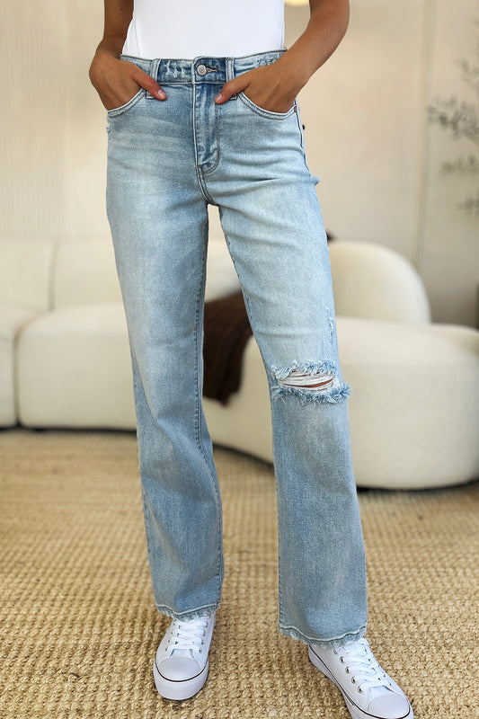 Judy Blue Full Size High Waist Distressed Straight Jeans-BOTTOM SIZES SMALL MEDIUM LARGE-[Adult]-[Female]-Light-0(24)-2022 Online Blue Zone Planet