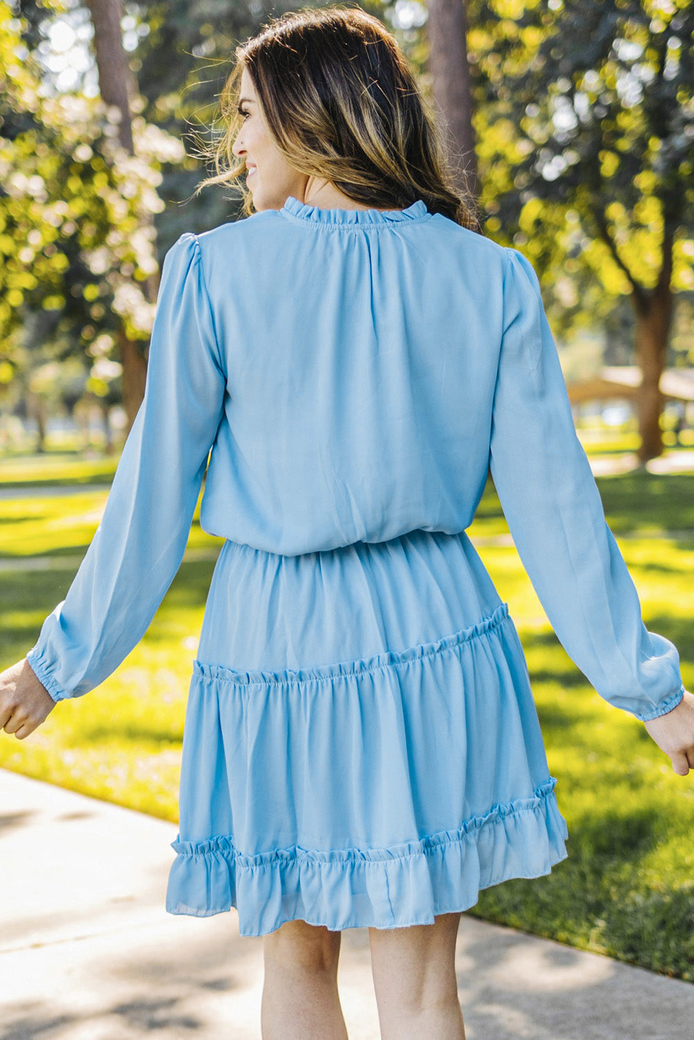 Blue Zone Planet | Light Blue V Neck Long Sleeve Ruffle Tiered Mini Dress-TOPS / DRESSES-[Adult]-[Female]-2022 Online Blue Zone Planet