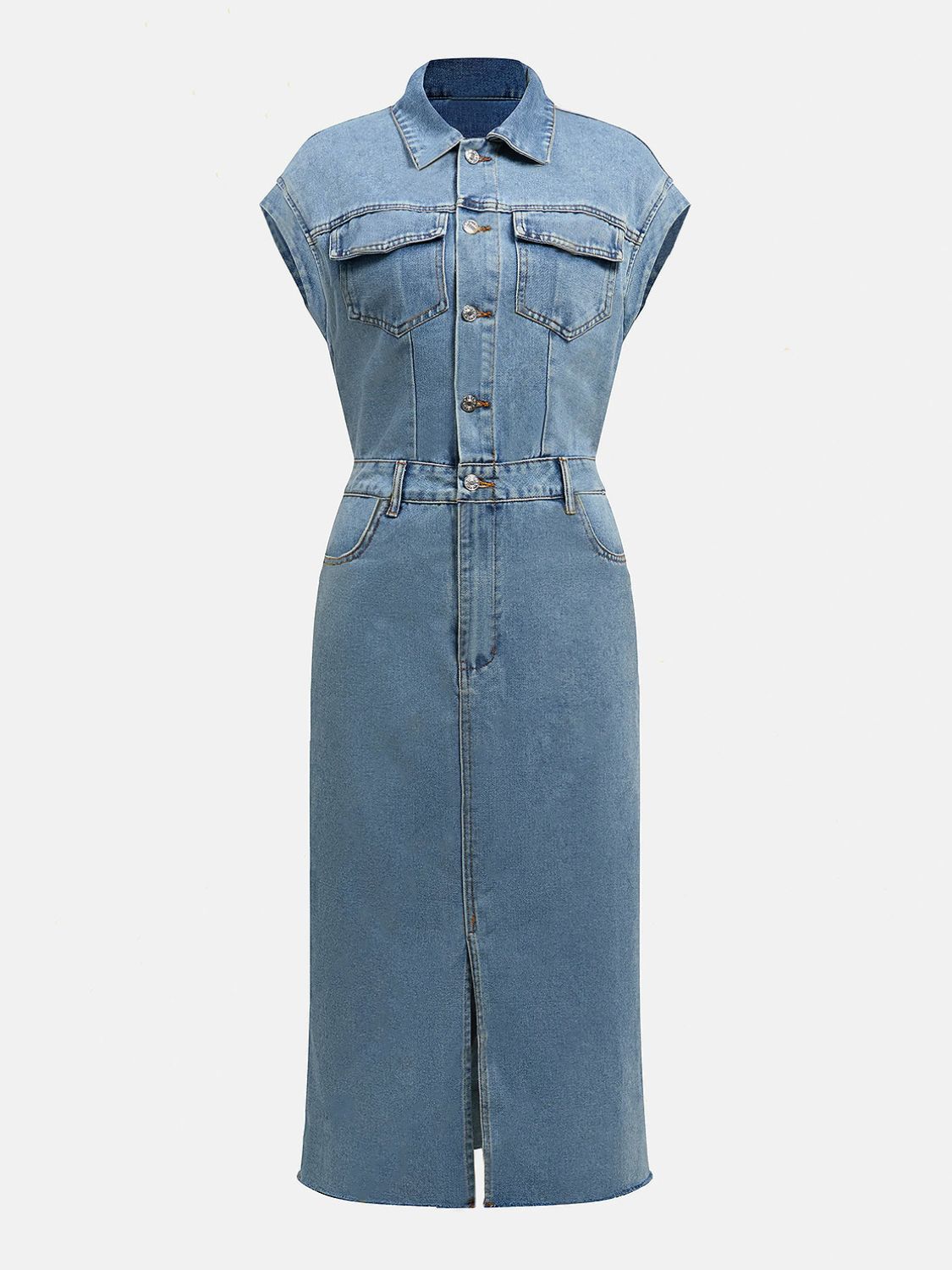 Slit Half Button Collared Neck Cap Sleeve Denim Dress-TOPS / DRESSES-[Adult]-[Female]-2022 Online Blue Zone Planet