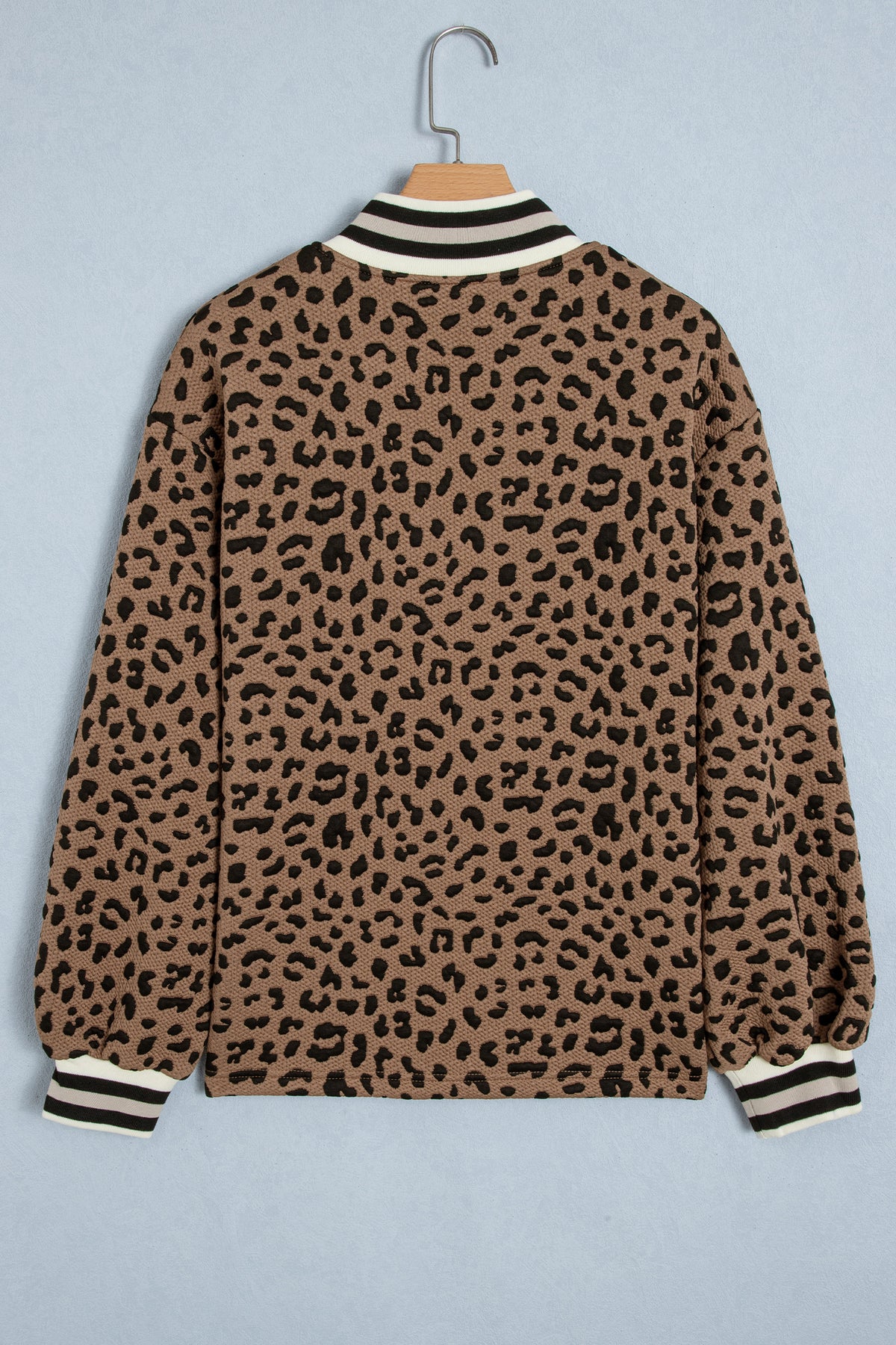 Brown Leopard Print Striped Trim Collar Long Sleeve Shift Pullover-Tops/Long Sleeve Tops-[Adult]-[Female]-2022 Online Blue Zone Planet