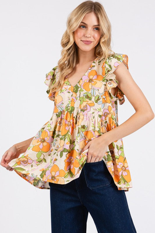 Mittoshop Floral V-Neck Ruffled Cap Sleeve Blouse-TOPS / DRESSES-[Adult]-[Female]-2022 Online Blue Zone Planet