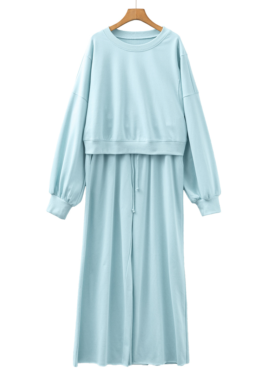 Mist Blue Drop Shoulder Puff Sleeve Crop Pullover Drawstring Wide Leg Pants Set-Two Piece Sets/Pant Sets-[Adult]-[Female]-2022 Online Blue Zone Planet