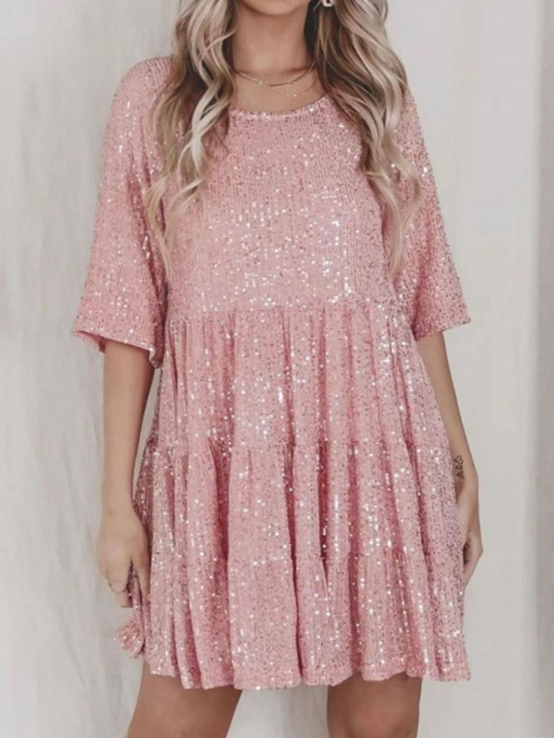 Sequin Round Neck Half Sleeve Mini Dress-TOPS / DRESSES-[Adult]-[Female]-Blush Pink-S-2022 Online Blue Zone Planet