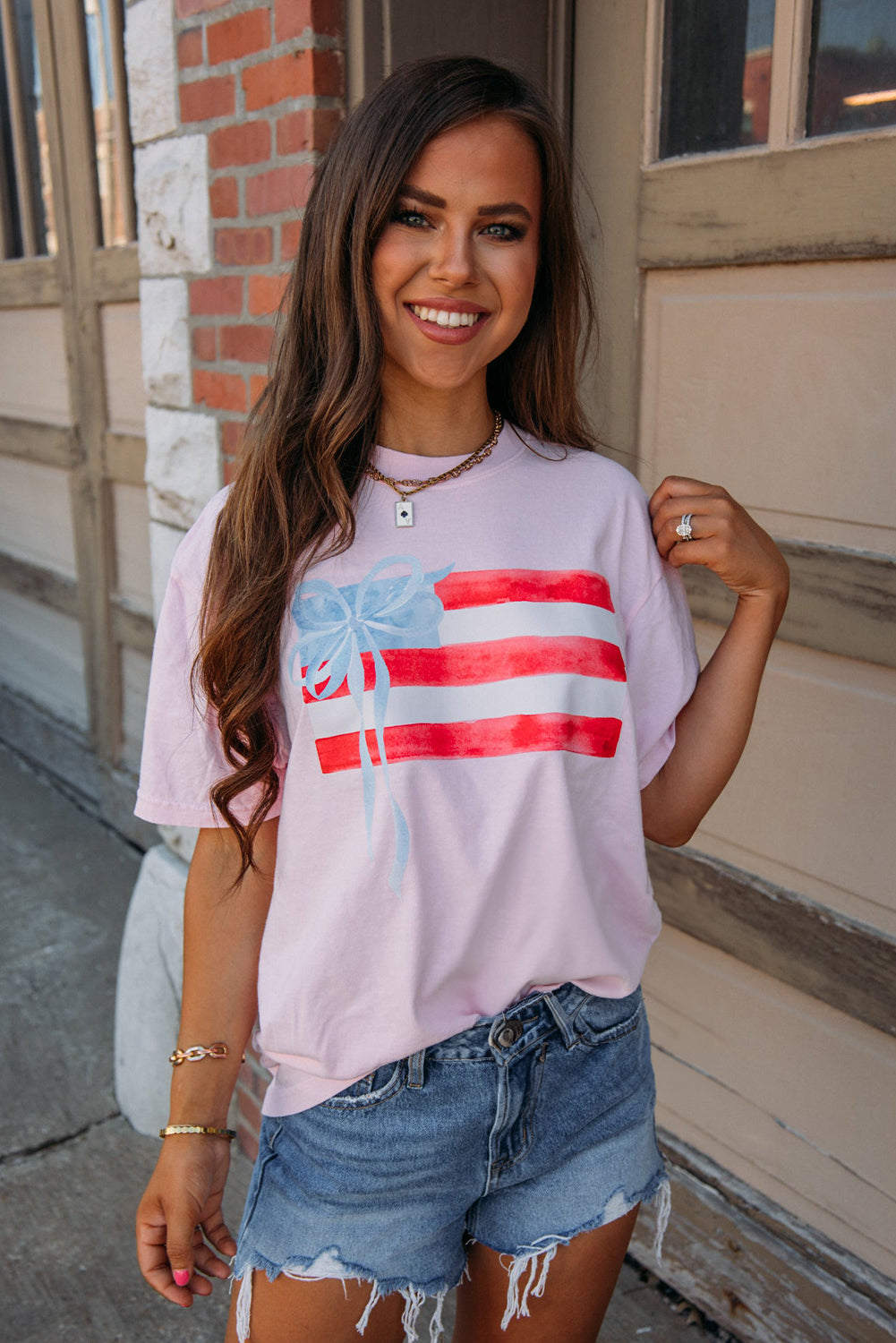 Light Pink Flag Bow Graphic Crewneck Tee-Tops/Tops & Tees-[Adult]-[Female]-2022 Online Blue Zone Planet