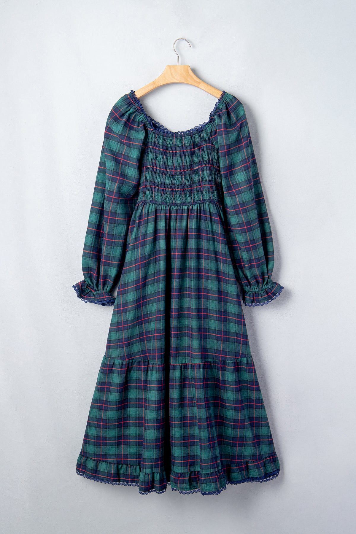 Green Vintage Plaid Square Neck Lace Trim Long Sleeve Shift Dress-TOPS / DRESSES-[Adult]-[Female]-2022 Online Blue Zone Planet