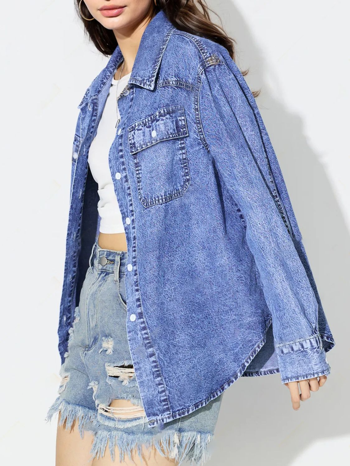 Curved Hem Collared Neck Denim Top-TOPS / DRESSES-[Adult]-[Female]-2022 Online Blue Zone Planet