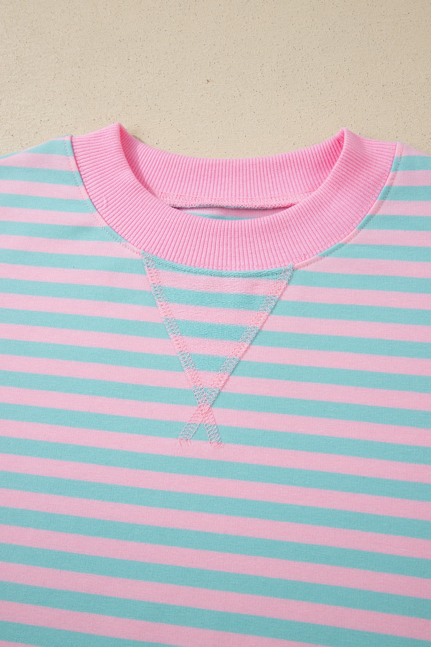 Pink Stripe Color Block Detail Long Sleeve Pullover Elastic Waist Pull On Shorts 2pcs Set-Two Piece Sets/Short Sets-[Adult]-[Female]-2022 Online Blue Zone Planet