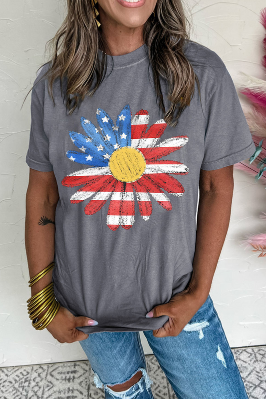 Gray Flag Pattern Sunflower Graphic Crew Neck Tee-Graphic/Graphic Tees-[Adult]-[Female]-Gray-S-2022 Online Blue Zone Planet