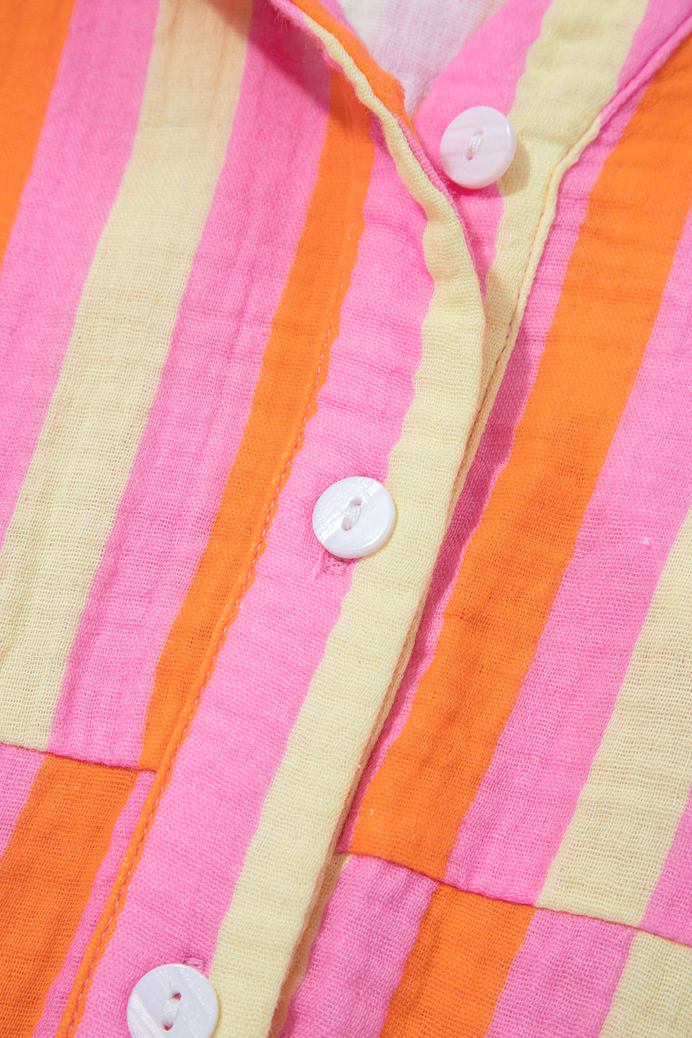Pink Stripe Crinkled Half Buttons V Neck Plus Size Blouse-Plus Size/Plus Size Tops/Plus Size Blouses & Shirts-[Adult]-[Female]-2022 Online Blue Zone Planet