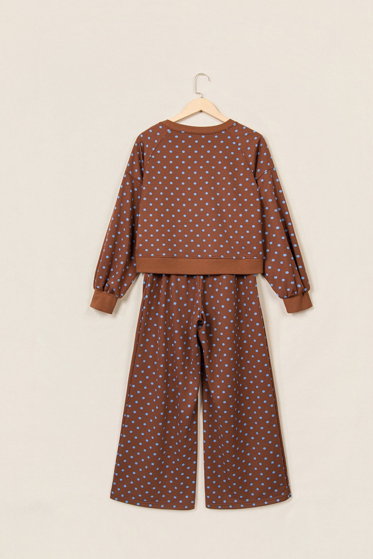 Brown Polka Dot Drawstring Wide Leg Long Sleeve Top Pant Set-Two Piece Sets/Pant Sets-[Adult]-[Female]-2022 Online Blue Zone Planet