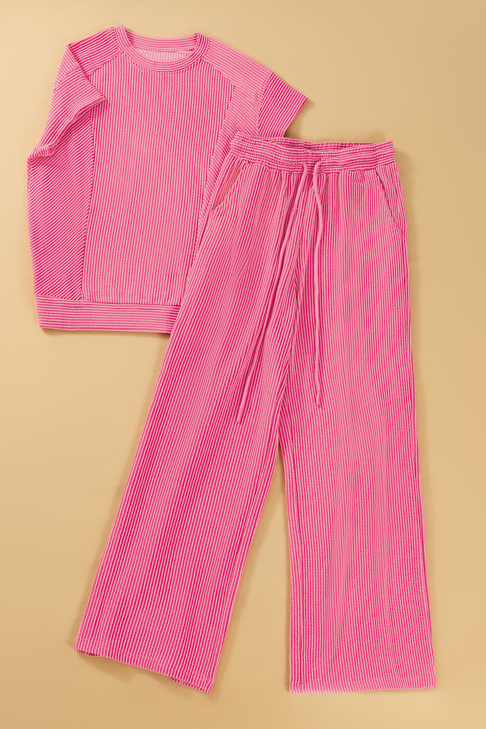 Wild Wind Solid Corded Short Sleeve T Shirt and Wide Leg Pants Set-Two Piece Pants Sets-[Adult]-[Female]-2022 Online Blue Zone Planet