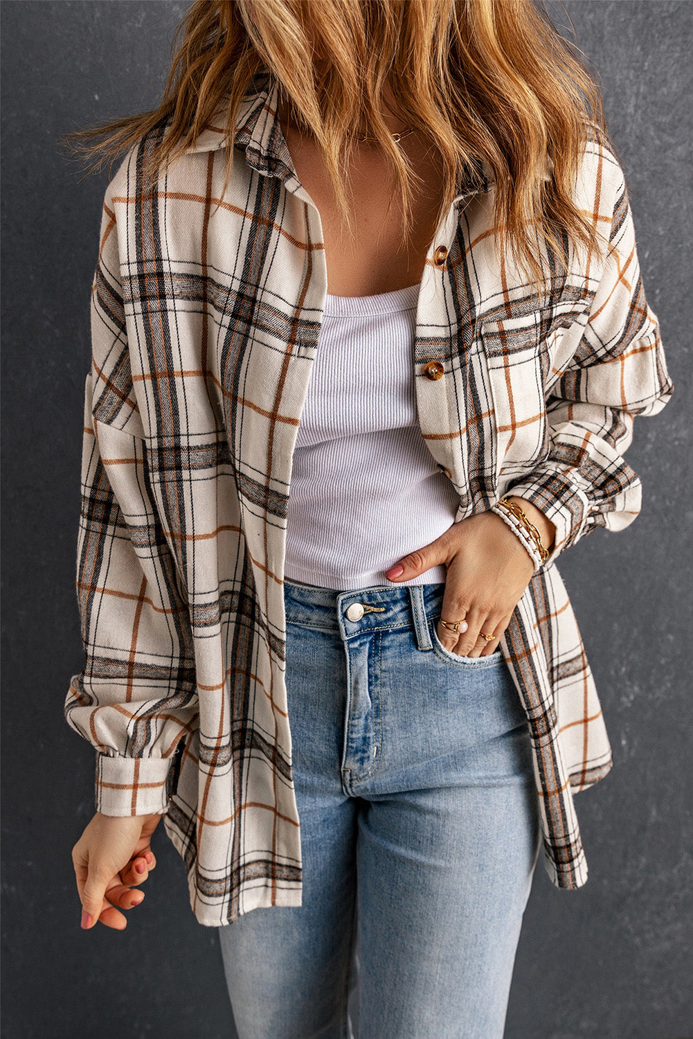 White Oversized Plaid Pattern Shacket with Slits-Outerwear/Plaid Shackets-[Adult]-[Female]-White-S-2022 Online Blue Zone Planet