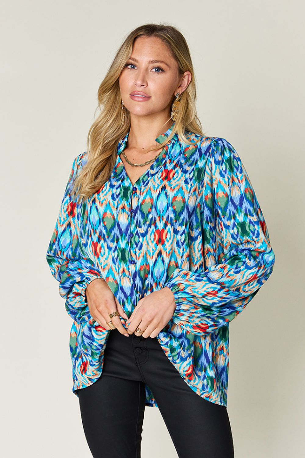 Blue Zone Planet | Double Take Full Size Printed Balloon Sleeve Blouse-TOPS / DRESSES-[Adult]-[Female]-Sky Blue-S-2022 Online Blue Zone Planet