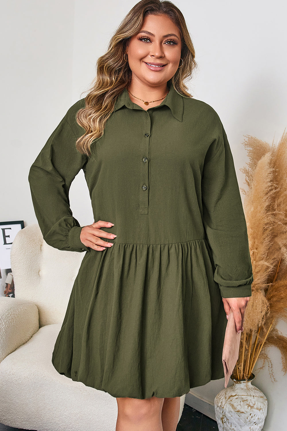Four Leaf Clover Plus Size Collar Half Button Long Sleeve Ruffle Hem Mini Dress-TOPS / DRESSES-[Adult]-[Female]-2022 Online Blue Zone Planet