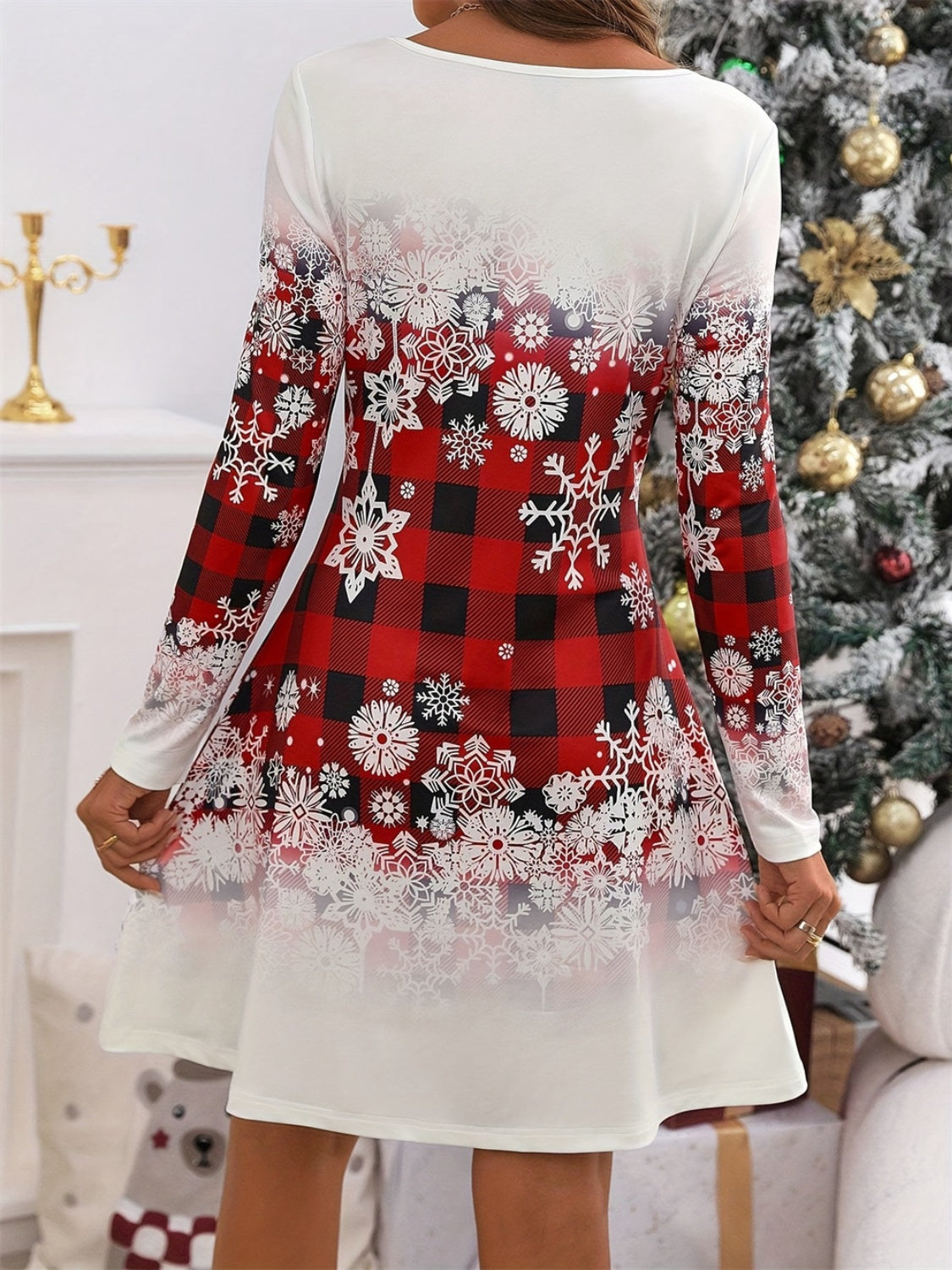 Christmas Snowflakes Plaid Round Neck Long Sleeve Dress-TOPS / DRESSES-[Adult]-[Female]-2022 Online Blue Zone Planet