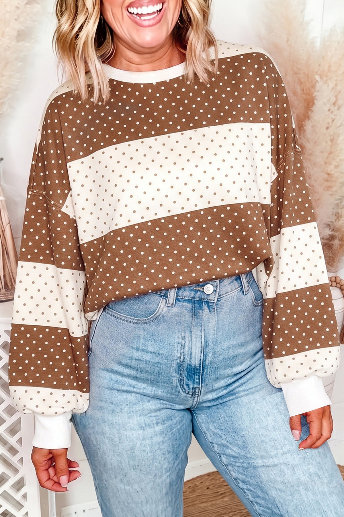 Blue Polka Dot Color Block Drop Shoulder Plus Size Long Sleeve Top-Plus Size/Plus Size Tops/Plus Size Long Sleeve Tops-[Adult]-[Female]-2022 Online Blue Zone Planet