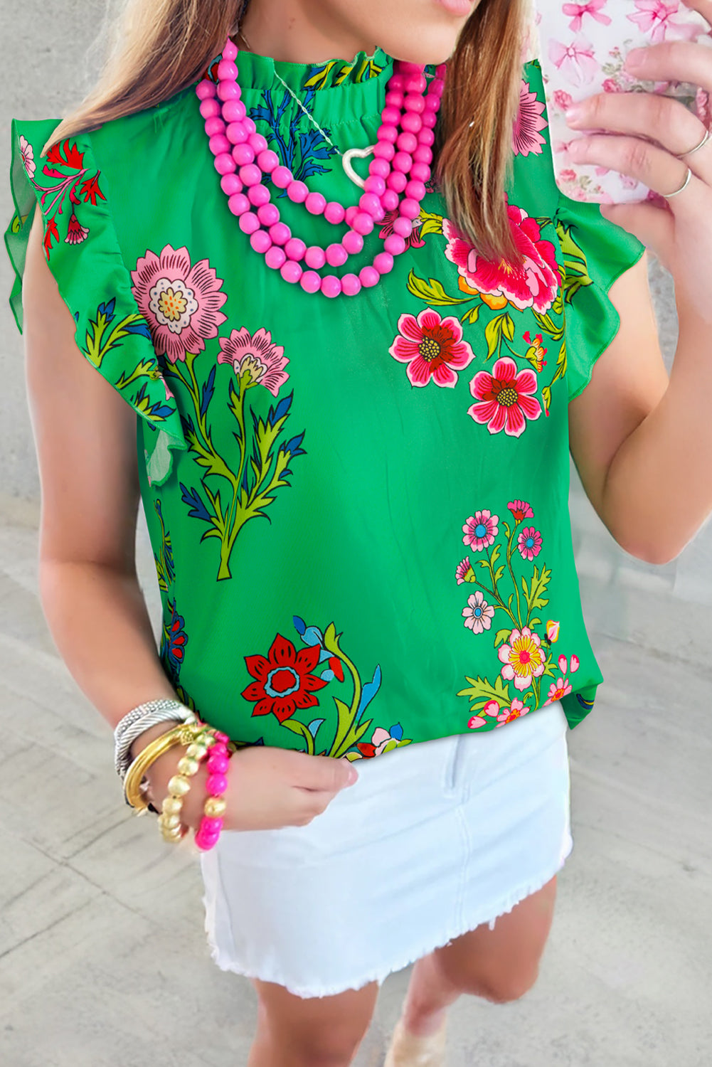 Green Floral Print Flutter Sleeve Frilly Neck Blouse-Tops/Blouses & Shirts-[Adult]-[Female]-2022 Online Blue Zone Planet