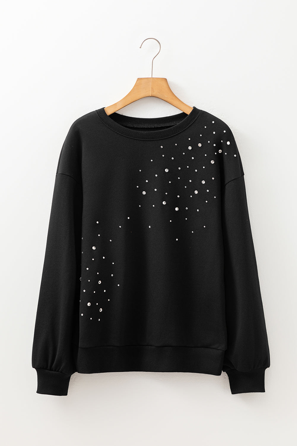 Black Rhinestone Embellished Drop Shoulder Ribbed Cuffs Wholesale Sweatshirt-Tops/Sweatshirts & Hoodies-[Adult]-[Female]-2022 Online Blue Zone Planet