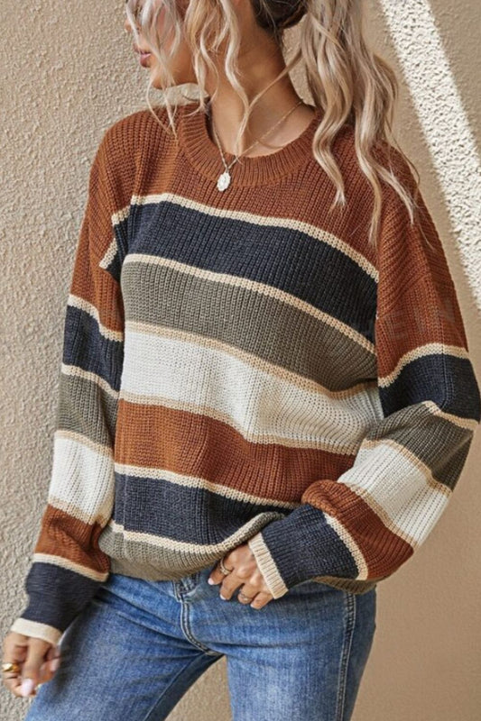 Contrast Striped Round Neck Long Sleeve Sweater-TOPS / DRESSES-[Adult]-[Female]-Brown-S-2022 Online Blue Zone Planet