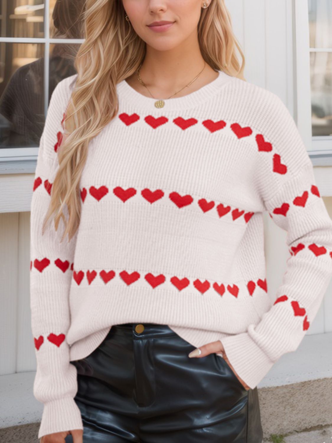 Heart Round Neck Long Sleeve Sweater-TOPS / DRESSES-[Adult]-[Female]-2022 Online Blue Zone Planet