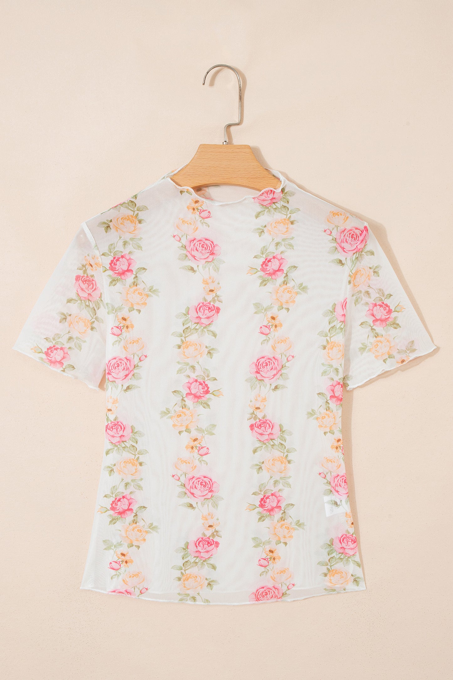 Beige Floral Print Mock Neck Short Sleeve Mesh Top