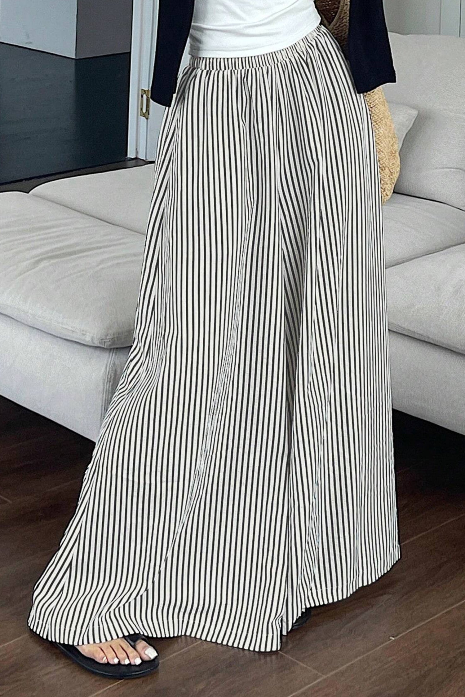 Black Stripe Elastic Waist Ultra Wide Leg Pants-Bottoms/Pants & Culotte-[Adult]-[Female]-2022 Online Blue Zone Planet