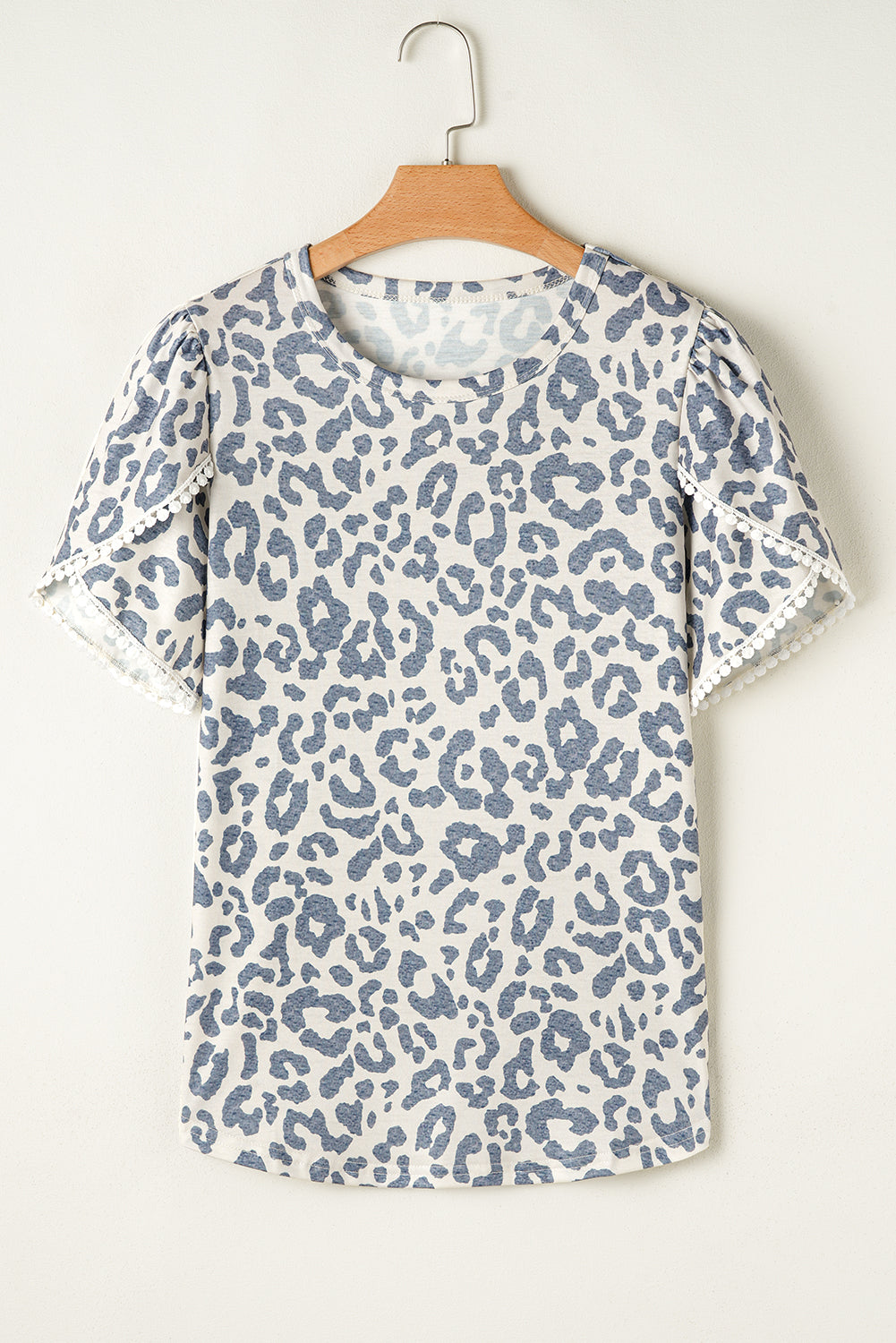 Beige Leopard Round Neck Lace Trim Petal Sleeve T Shirt-Tops/Tops & Tees-[Adult]-[Female]-2022 Online Blue Zone Planet