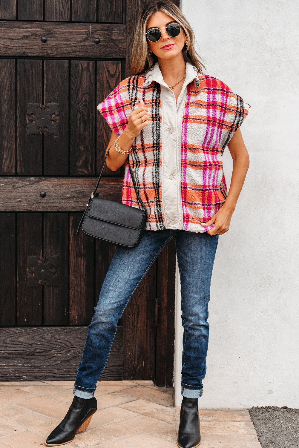 Rose Sherpa Plaid Jacket Vest-Outerwear/Vests-[Adult]-[Female]-2022 Online Blue Zone Planet