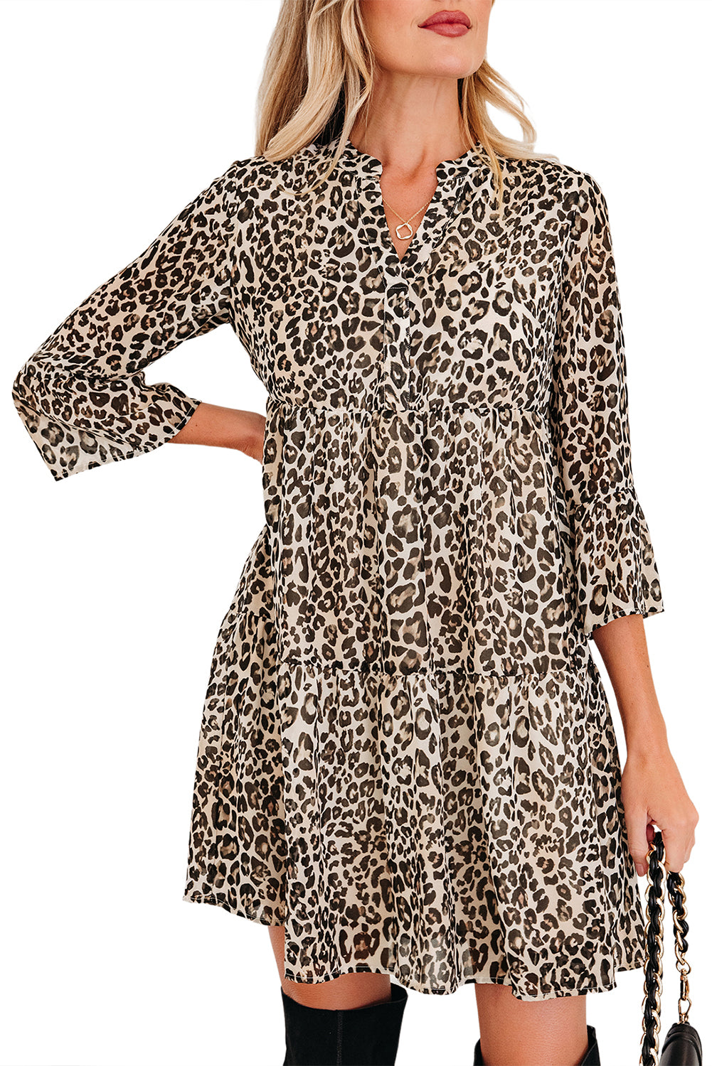 Khaki Leopard 3/4 Sleeve V Neck Swing Dress-TOPS / DRESSES-[Adult]-[Female]-2022 Online Blue Zone Planet