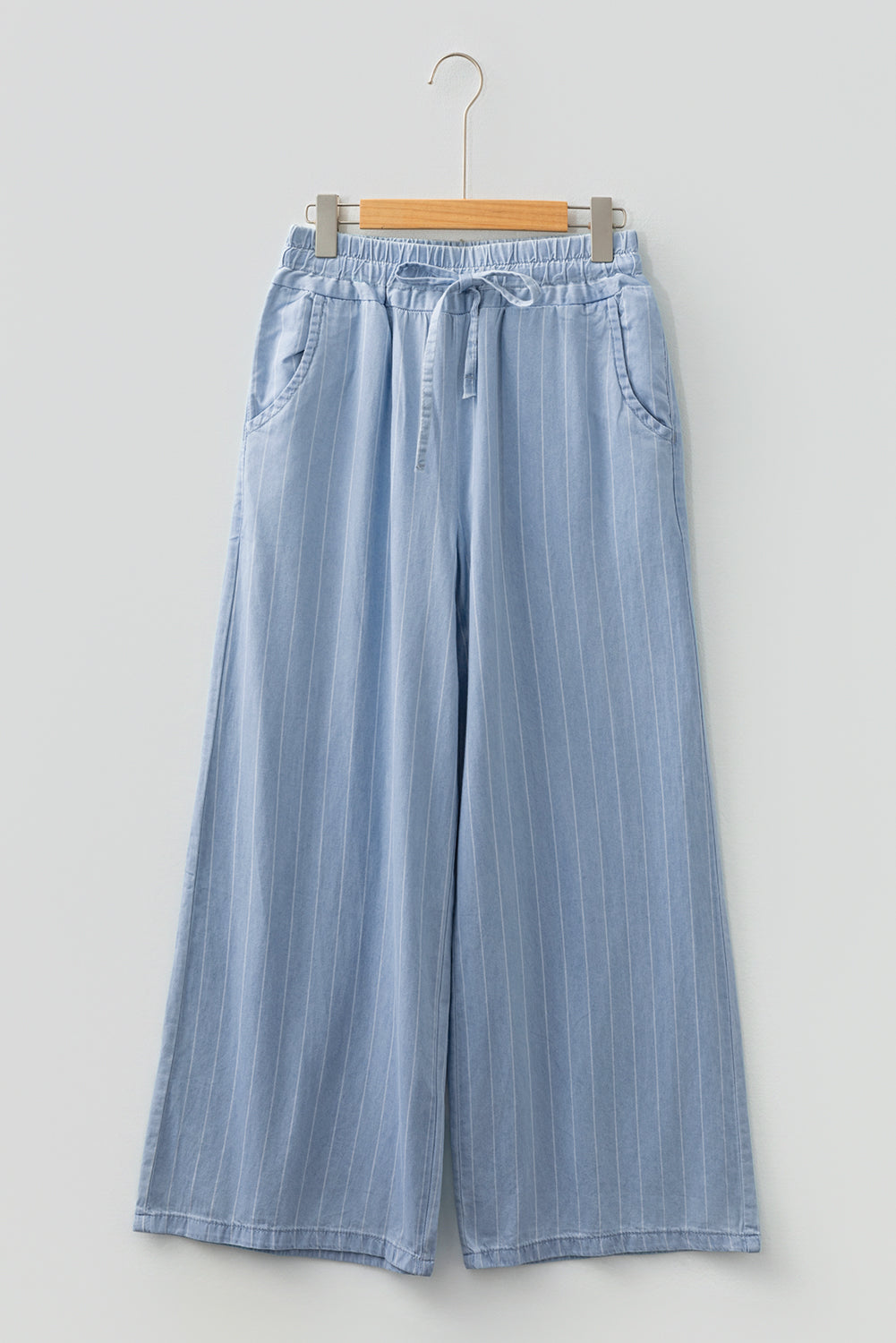 Sky Blue Stripe Chambray Wide Leg Tied Elastic Waist Trousers-Bottoms/Jeans-[Adult]-[Female]-2022 Online Blue Zone Planet