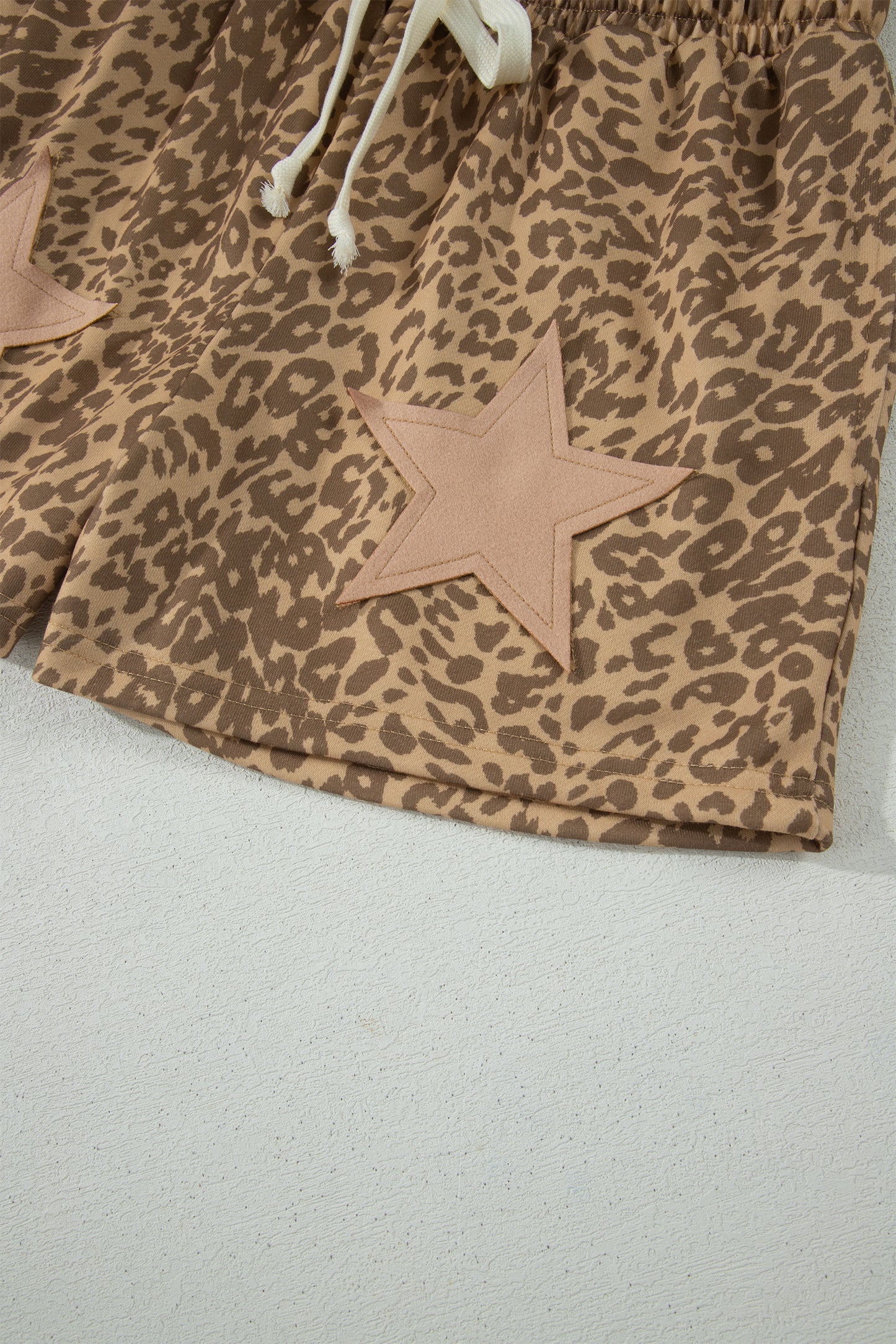 Khaki Leopard Drawstring Elastic Waist Star Patched Shorts-Bottoms/Casual Shorts-[Adult]-[Female]-2022 Online Blue Zone Planet