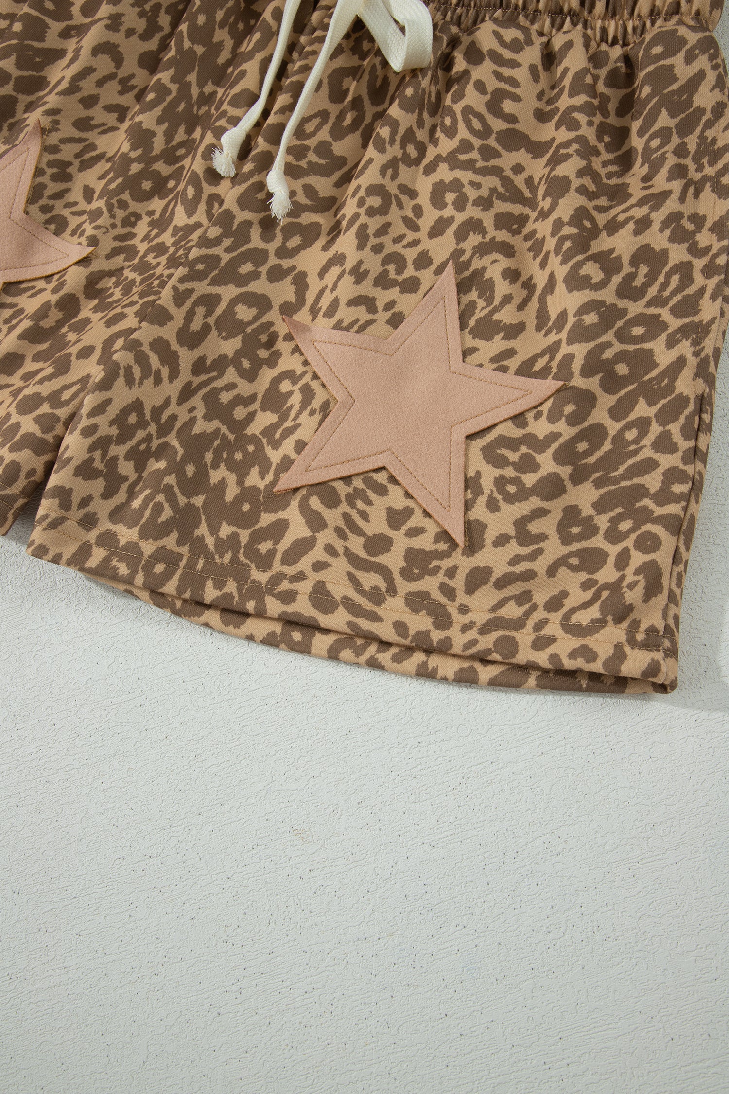 Khaki Leopard Drawstring Elastic Waist Star Patched Shorts-Bottoms/Casual Shorts-[Adult]-[Female]-2022 Online Blue Zone Planet