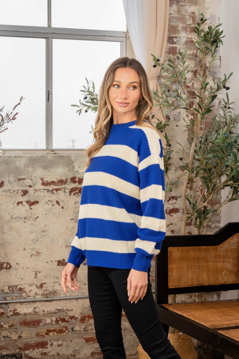 Sew In Love Full Size Contrast Striped Round Neck Sweater-TOPS / DRESSES-[Adult]-[Female]-2022 Online Blue Zone Planet