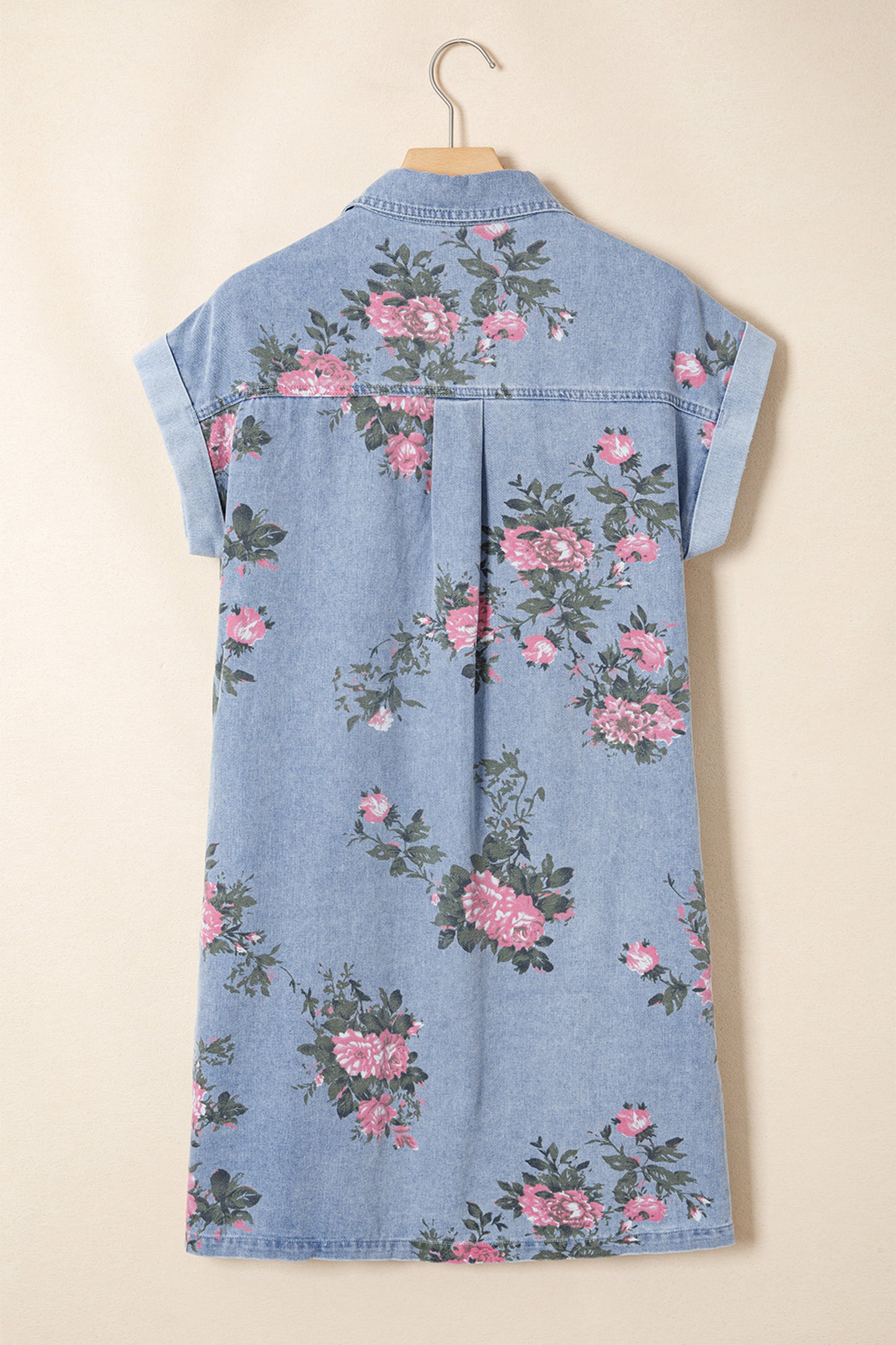 Sky Blue Denim Floral Print Cuffed Short Sleeve Button Down Shift Dress-TOPS / DRESSES-[Adult]-[Female]-2022 Online Blue Zone Planet