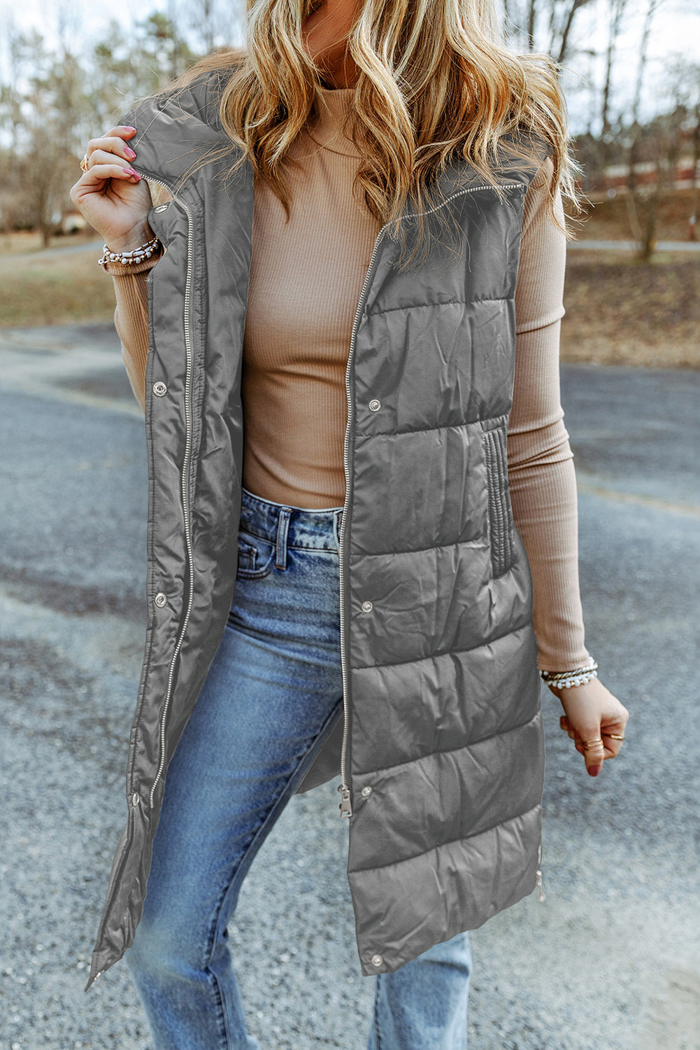 Dark Grey Hooded Long Quilted Vest Coat-Outerwear/Vests-[Adult]-[Female]-Dark Grey-S-2022 Online Blue Zone Planet