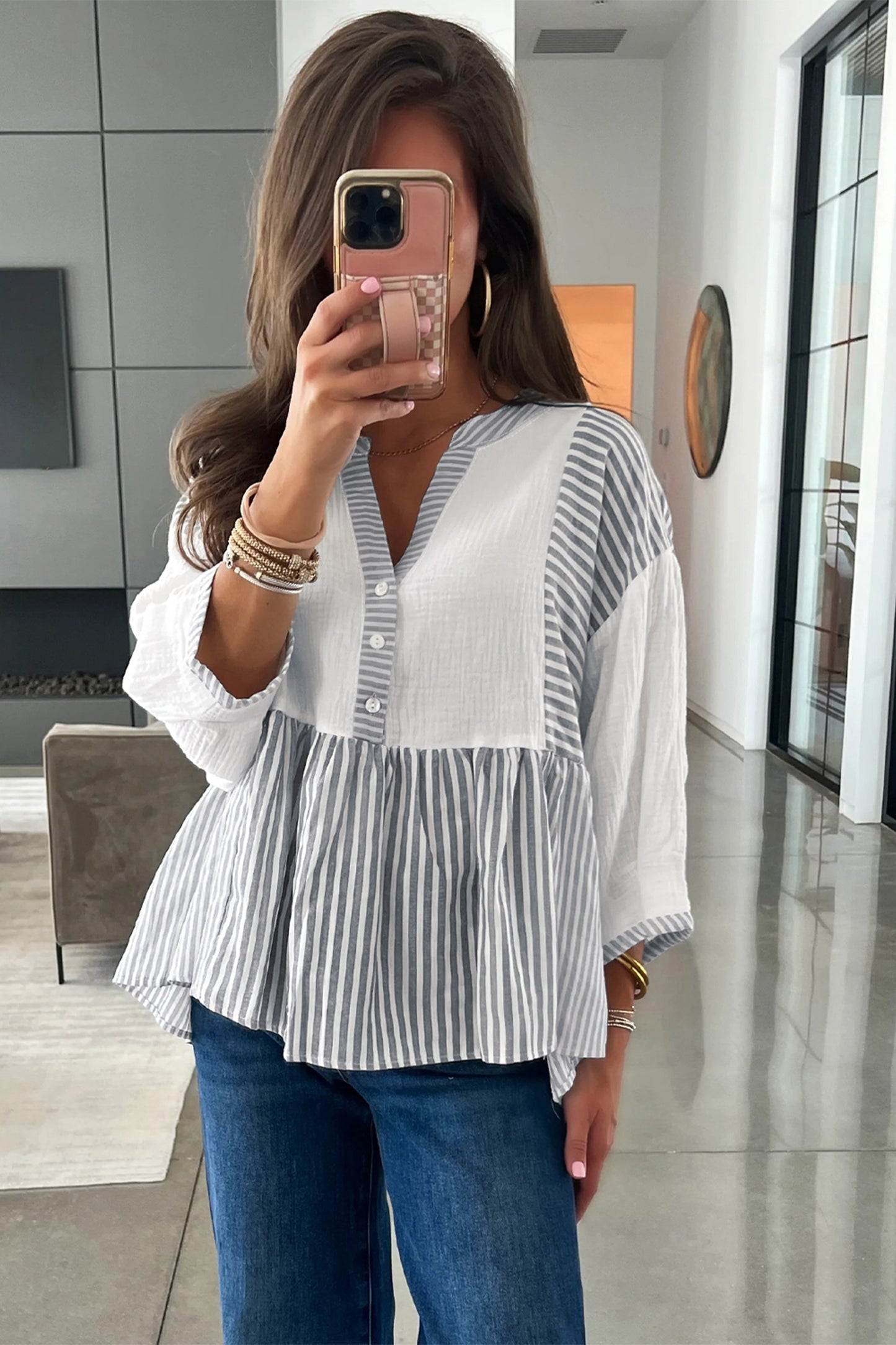 Gray Stripe Half Button Gauze Patchwork Bracelet Sleeve Babydoll Blouse-Tops/Blouses & Shirts-[Adult]-[Female]-2022 Online Blue Zone Planet