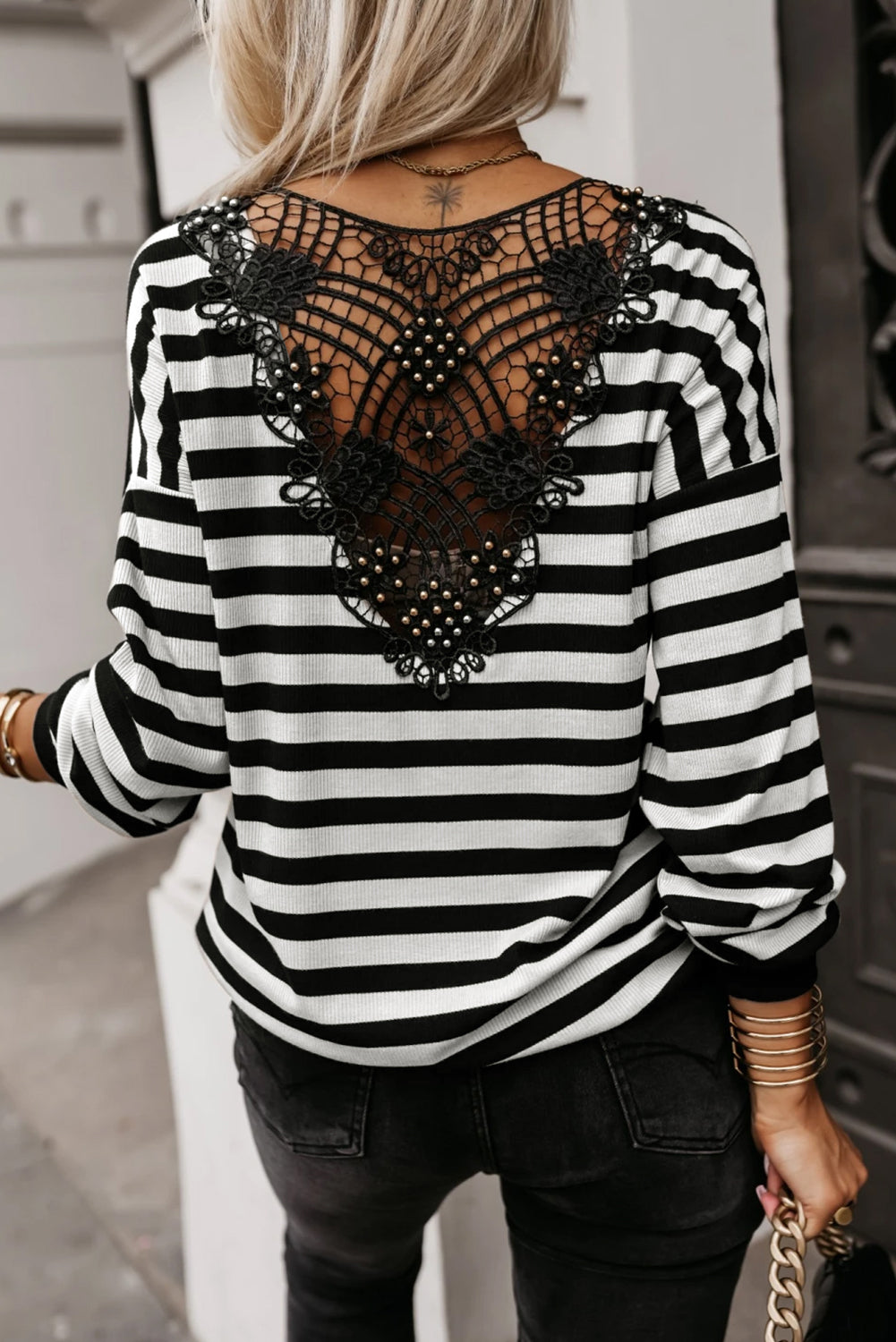 Black Stripe Crochet Hollow-out Back Buttoned Shoulder V Neck Top-Tops/Blouses & Shirts-[Adult]-[Female]-Black Stripe-S-2022 Online Blue Zone Planet