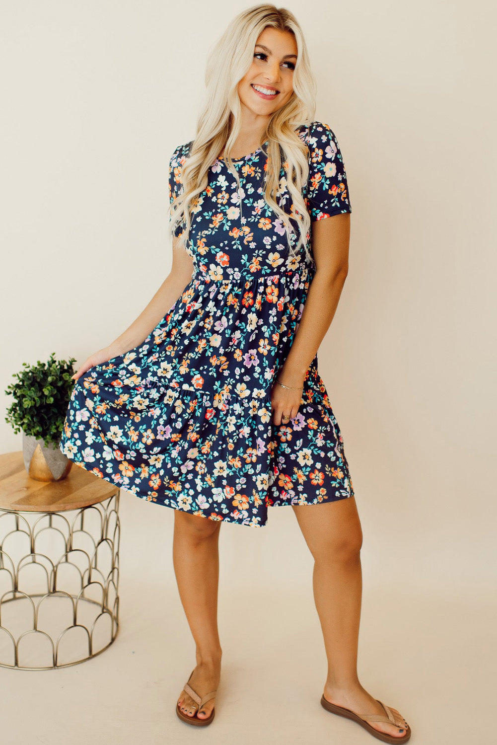 Blue Zone Planet |  Blue Short Sleeve A-line Floral Dress Blue Zone Planet