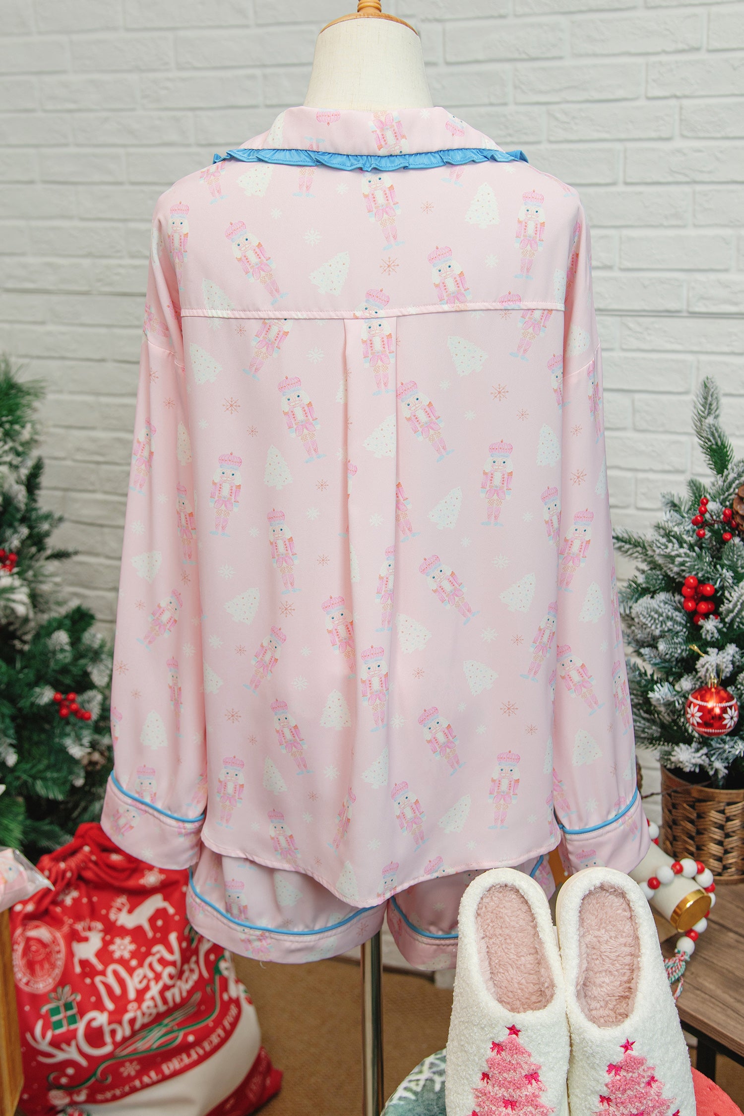 Pink Bow Tie Front Christmas Nutcracker Long Sleeve Shirt Shorts Pajama Set-Loungewear & Sleepwear/Sleepwear-[Adult]-[Female]-2022 Online Blue Zone Planet